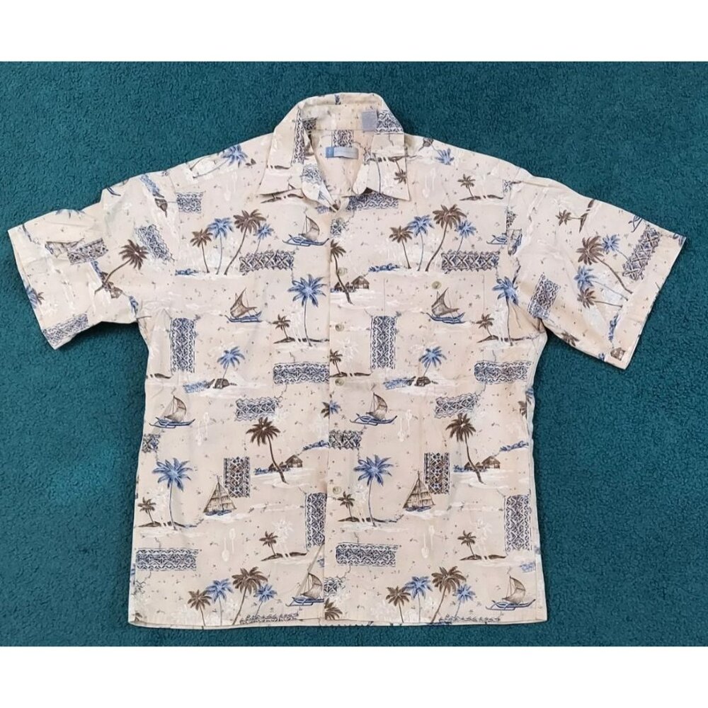Half Moon Bay Men's Button Down Hawaiian Palm Tree Beach Scene Shirt Size L